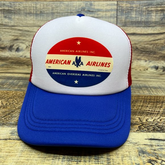 American Airlines Mens Trucker Hat Navy Snapback 60s Vintage Logo Baseball Cap - Picture 2 of 8